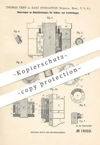 original Patent - Thomas Tripp zu East Stoughton , Norfolk , Massachusetts , USA , 1880 , Metall - Dichtung | Dichtungen