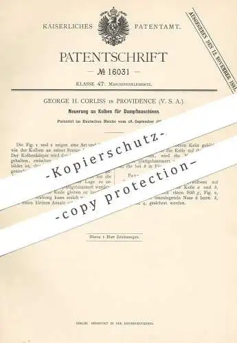 original Patent - George H. Corliss , Providence , USA , 1880 , Kolben für Dampfmaschinen | Dampfmaschine | Motor !!