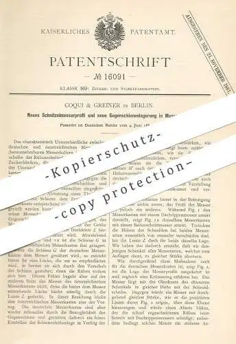 original Patent - Coqui & Greiner , Berlin , Schnitzelmesserprofil in Messerkasten an Rübelschnitzelmaschine | Zucker