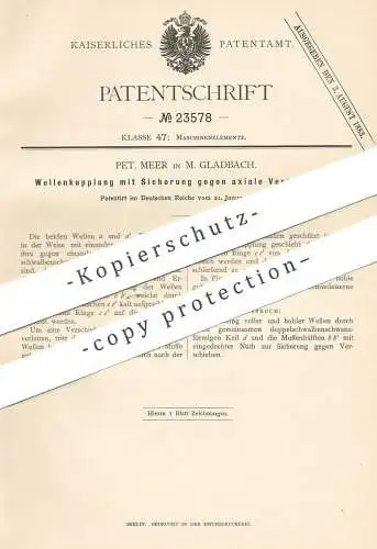 original Patent - Pet. Meer , Mönchengladbach 1883 , Wellenkupplung mit Sicherung gegen achsiale Verschiebung | Kupplung