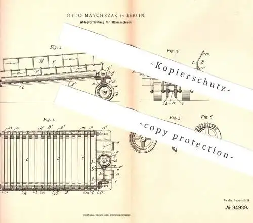 original Patent - Otto Maychrzak , Berlin 1897 , Ablegvorrichtung für Mähmaschine | Mähdrescher , Mähen , Landwirtschaft