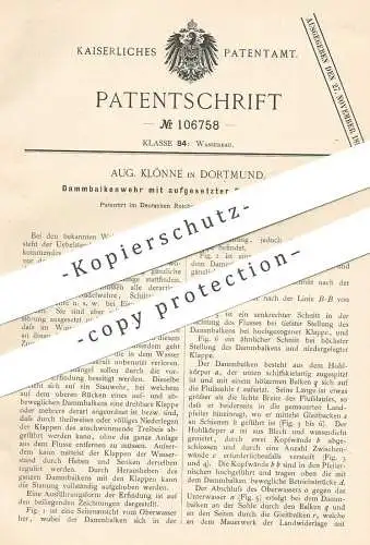 original Patent - Aug. Klönne , Dortmund , 1898 , Dammbalkenwehr | Wehr , Dammwehr , Wasserbau , Damm , Schützenwehr !!