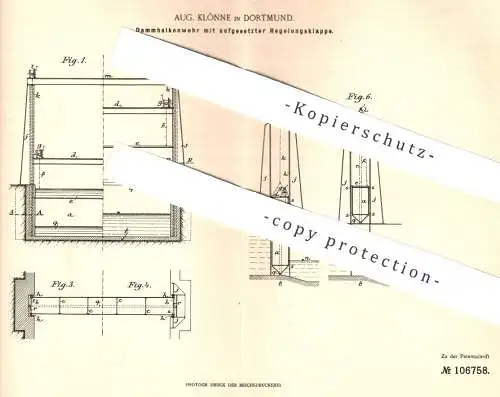 original Patent - Aug. Klönne , Dortmund , 1898 , Dammbalkenwehr | Wehr , Dammwehr , Wasserbau , Damm , Schützenwehr !!