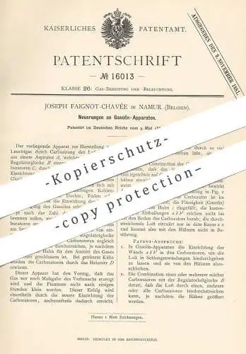 original Patent - Joseph Faignot Chavée , Namur , Belgien , 1881 , Gasolin - Apparat zur Herst. von Leuchtgas | Gas !!!