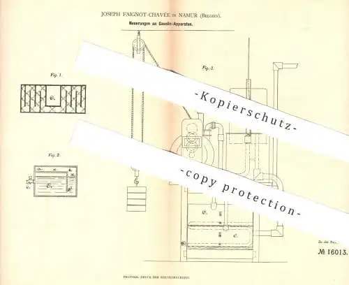 original Patent - Joseph Faignot Chavée , Namur , Belgien , 1881 , Gasolin - Apparat zur Herst. von Leuchtgas | Gas !!!