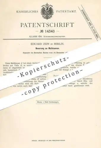 original Patent - Eduard Zein , Berlin , 1880 , Maßkanne | Kanne , Kannen , Messkanne , Messbecher , Trichter , Krug !!