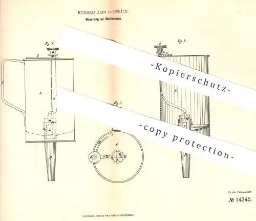 original Patent - Eduard Zein , Berlin , 1880 , Maßkanne | Kanne , Kannen , Messkanne , Messbecher , Trichter , Krug !!