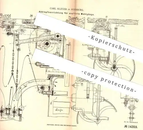 original Patent - Carl Kleyer , Augsburg , 1880 , Abklopfvorrichtung für aspirierten Mahlgang | Mühle , Mühlen , Müller