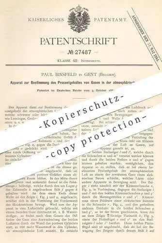 original Patent - Paul Binsfeld , Gent , Belgien , 1883 , Bestimmung des Prozentgehaltes von Gas in der Luft | Gase !!!