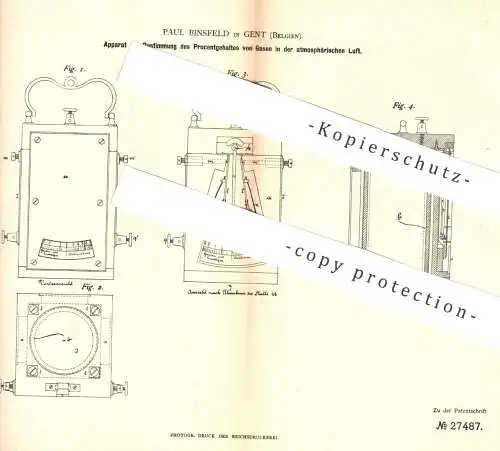 original Patent - Paul Binsfeld , Gent , Belgien , 1883 , Bestimmung des Prozentgehaltes von Gas in der Luft | Gase !!!