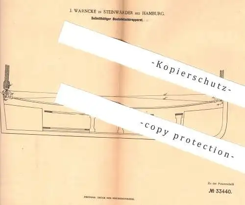 original Patent -  J. Warncke , Hamburg / Steinwärder , 1885 , Bootsdetachierapparat | Schiff , Boot , Schiffe !!!