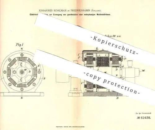 original Patent - Johannes Sohlman , Frederikshamn , Finnland , 1891 , Maschine zur Erzeugung von Wechselstrom | Strom