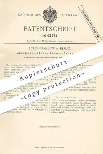 original Patent - Louis Grambow , Berlin , 1891 , Zusammenlegbare Zimmer - Badewanne | Badestuhl , Wanne , Baden !!!