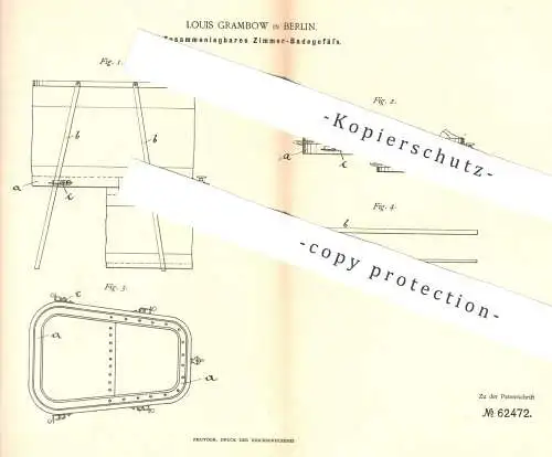 original Patent - Louis Grambow , Berlin , 1891 , Zusammenlegbare Zimmer - Badewanne | Badestuhl , Wanne , Baden !!!