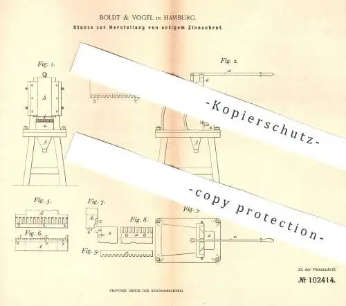 original Patent - Boldt & Vogel , Hamburg , 1898 , Stanze zur Herst. von eckigem Zinnschrot | Metall , Zinn | Flaschen