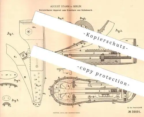 original Patent - August Stamm , Berlin , 1886 , Apparat zum Erweitern von Schuhwerk | Schuhe , Schuster , Schuh !!