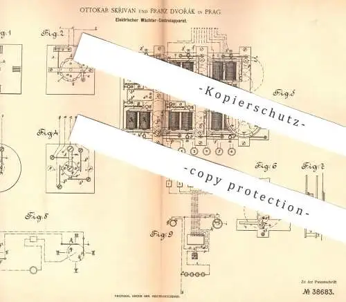 original Patent - Ottokar Skrivan , Franz Dvorák , Prag , 1886 , Elektr. Wächter - Kontrolle | Uhr , Uhren , Uhrmacher