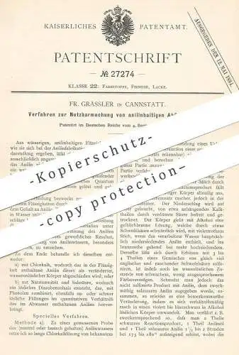 original Patent - Fr. Grässler , Canstatt / Stuttgart , 1883 , Nutzbarmachung von anilinhaltigem Abfallwasser | Anilin !