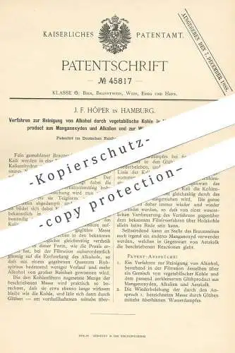 original Patent - J. F. Höper , Hamburg , 1887 , Reinigung von Alkohol durch vegetablilische Kohle | Alkali | Chemie