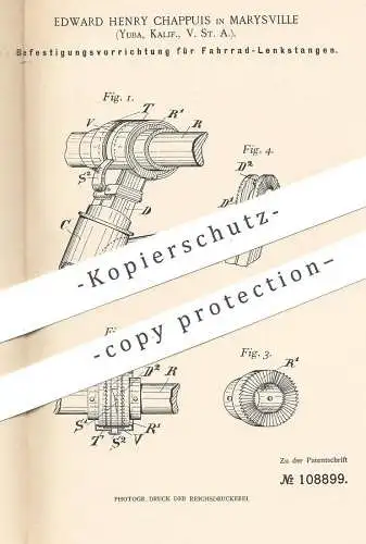 original Patent - Edward Henry Chappuis , Marysville , Yuba , Kalifornien , USA , 1898 , Fahrrad - Lenkstange | Lenker !