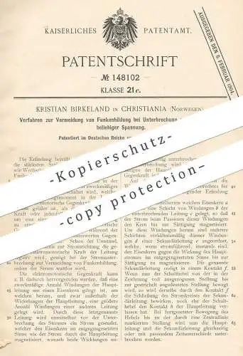 original Patent - Kristian Birkeland , Christiania , Norwegen 1901 , Schutz vor Funken bei Unterbrechung im Stromkreis !