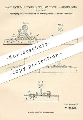 original Patent - James Honiball Tozer & William Tozer , Westminster , England , 1886 , Eisenbahn - Schienen - Schwellen