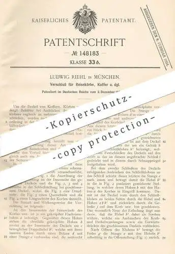 original Patent - Ludwig Riehl , München , 1902 , Verschluss für Reisekorb , Koffer , Tasche , Korb , Körbe , Taschen !!