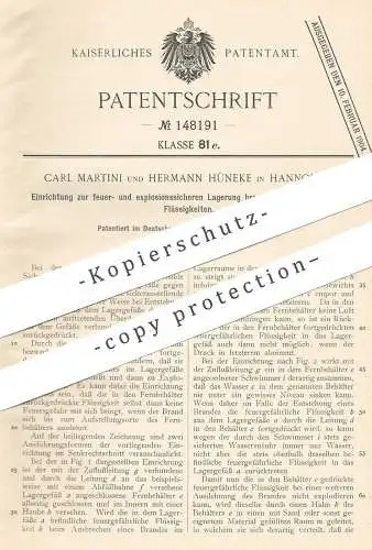 original Patent - Carl Martini , Hermann Hüneke , Hannover 1902 , feuer- u. explosionssichere Lagerung brennbarer Stoffe