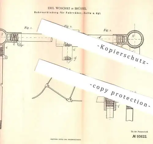 original Patent - Emil Woschke , Brüssel , 1896 , Rohrverbindung für Fahrrad , Zelt , Wagen | Rohr , Rohre , Rahmen !!!