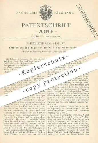 original Patent - Bruno Schramm , Erfurt , 1886 , Regulieren von Heiz- u. Verbrennungsluft | Heizung , Ofen , Ofenbauer