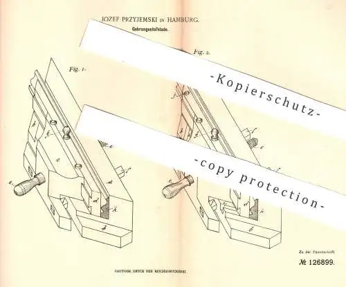 original Patent - Jozef Przyjemski , Hamburg , 1901 , Gehrungsstoßlade | Holz , Gehrung , Tischler , Hobel , Zimmerer !