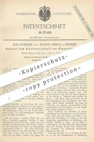 original Patent - Jean Scherbel , Theodor Remus , Dresden 1886 , Klauenverschluss an Pappkastenecken | Pappe , Schachtel