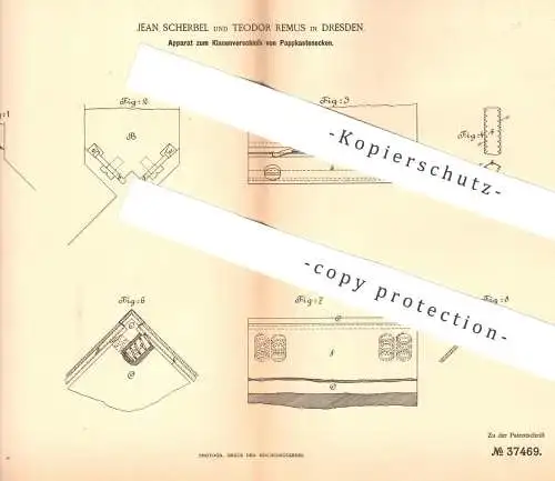 original Patent - Jean Scherbel , Theodor Remus , Dresden 1886 , Klauenverschluss an Pappkastenecken | Pappe , Schachtel