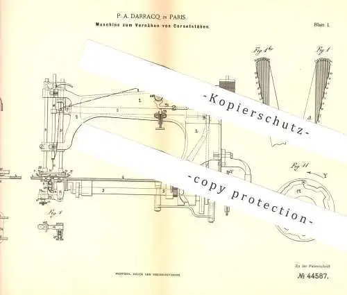 original Patent -  P. A. Darracq , Paris , Frankreich , 1887 , Vernähen von Korsettstäben | Schneider | Korsett , Korset