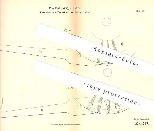 original Patent -  P. A. Darracq , Paris , Frankreich , 1887 , Vernähen von Korsettstäben | Schneider | Korsett , Korset