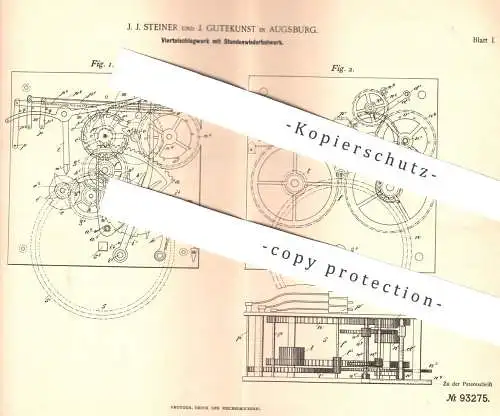 original Patent - J. J. Steiner , J. Gutekunst , Augsburg 1896 , Viertelschlagwerk m. Stundenwiederholwerk | Uhr , Uhren