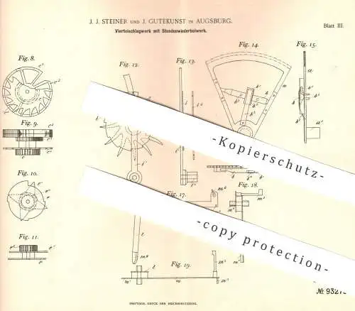 original Patent - J. J. Steiner , J. Gutekunst , Augsburg 1896 , Viertelschlagwerk m. Stundenwiederholwerk | Uhr , Uhren