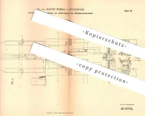 original Patent - Dr. Phil. Martin Wiberg , Stockholm , Schweden | Herst. von Zündholzschachtel | Streichholz Schachtel