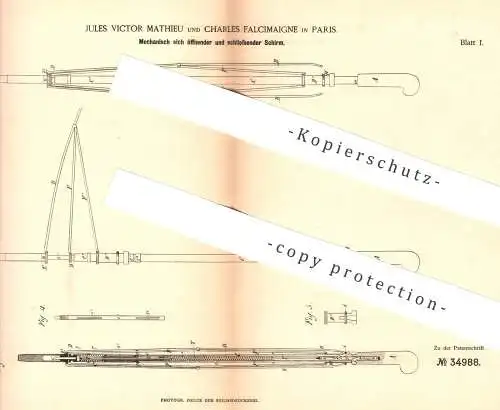 original Patent - Jules Victor Mathieu , Charles Falcimaigne , Paris 1885 , Mechanisch öffnender u. schließender Schirm