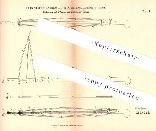 original Patent - Jules Victor Mathieu , Charles Falcimaigne , Paris 1885 , Mechanisch öffnender u. schließender Schirm