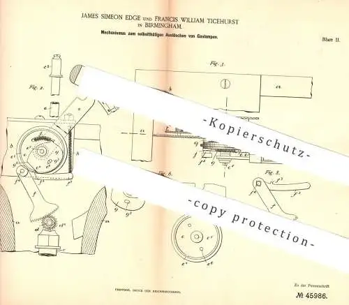 original Patent - James Simeon Edge , Francis William Ticehurst , Birmingham 1887 , Auslöschen von Gaslampen | Gas Lampe