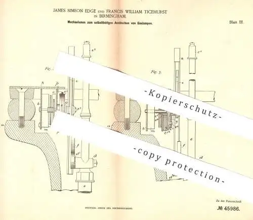 original Patent - James Simeon Edge , Francis William Ticehurst , Birmingham 1887 , Auslöschen von Gaslampen | Gas Lampe