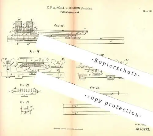 original Patent - C. F. A. Röell , London , England  1888 , Faltenlegeapparat | Stoff , Gewebe , Schneider , Schneiderei