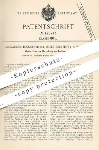 original Patent - Alexander Haidekker , Josef Berthóty , Budapest , 1899 , Webmaschine für Draht - Gewebe | Weben !!