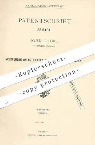 original Patent - John Cooke , Langley , England 1878 , rotierende Pumpen u. Ventilatoren | Pumpe , Ventilator , Gebläse