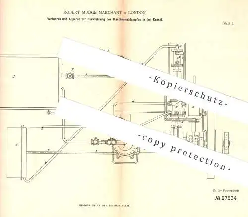 original Patent - Robert Mudge Marchant , London , 1883 , Rückführung von Dampf in Kessel | Dampfkessel , Dampfmaschine