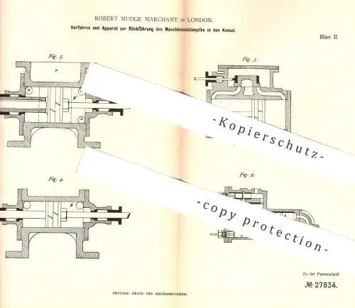 original Patent - Robert Mudge Marchant , London , 1883 , Rückführung von Dampf in Kessel | Dampfkessel , Dampfmaschine