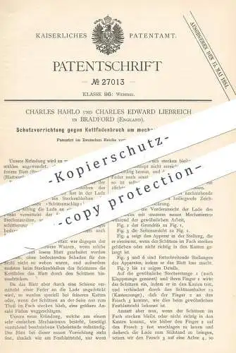 original Patent - Charles Hahlo , Ch. Edward Liebreich , Bradford England , 1883 , Schutz vor Kettfadenbruch am Webstuhl