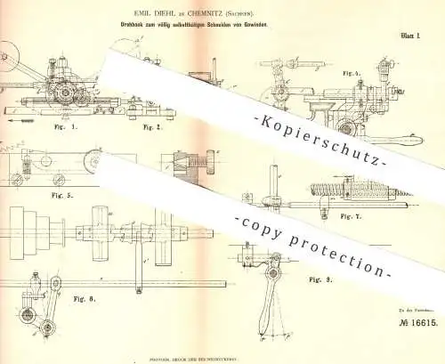 original Patent - Emil Diehl , Chemnitz , 1881 , Drehbank zum Schneiden von Gewinde | Dreher , Metall , Schlosser