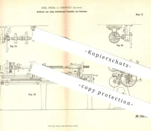 original Patent - Emil Diehl , Chemnitz , 1881 , Drehbank zum Schneiden von Gewinde | Dreher , Metall , Schlosser